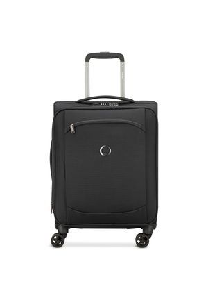 Black soft-sided suitcase with a textured surface, zippered front pocket, retractable handle, and four spinner wheels for easy mobility.