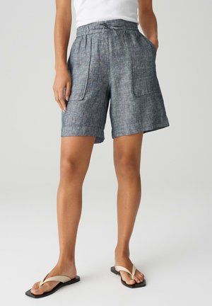 Blue linen blend shorts with a textured design, featuring a drawstring waist, two side pockets, and a relaxed fit.