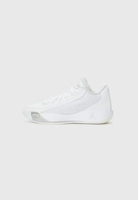 White athletic shoe with mesh and synthetic upper, rounded toe, laces, and a rubber sole. Features a grey accent on the tongue and heel.