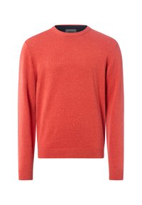 Sweter z okrągłym dekoltem w jaskrawym pomarańczowym kolorze, wykonany z miękkiego materiału dzianinowego. Posiada długie rękawy oraz ściągacze przy mankietach i dolnej krawędzi.