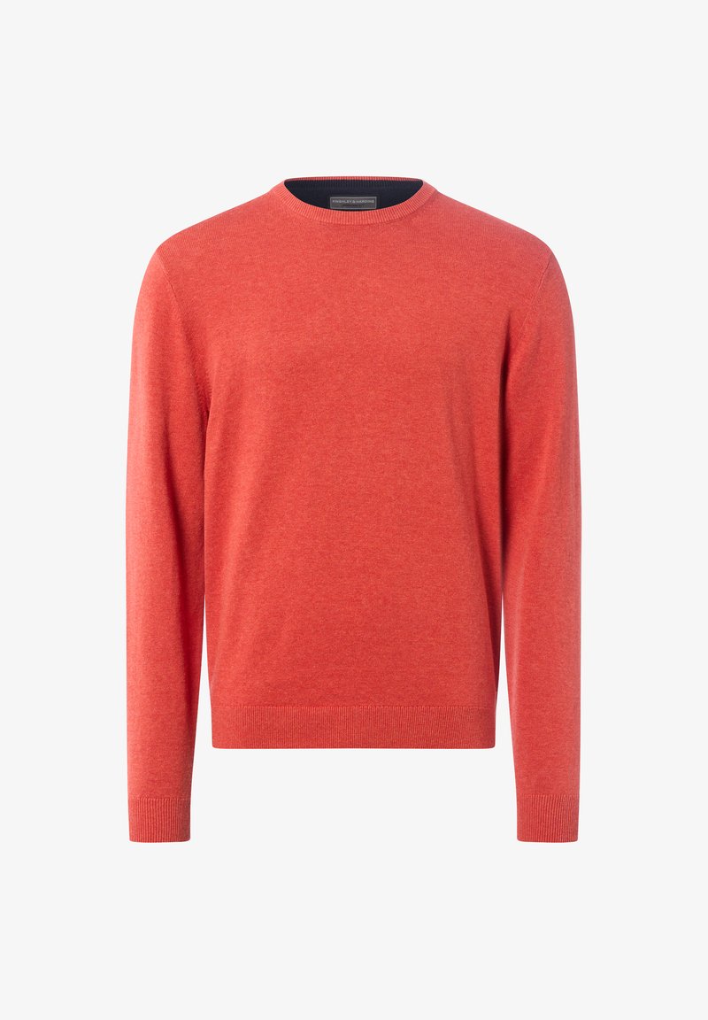 Sweter z okrągłym dekoltem w jaskrawym pomarańczowym kolorze, wykonany z miękkiego materiału dzianinowego. Posiada długie rękawy oraz ściągacze przy mankietach i dolnej krawędzi.