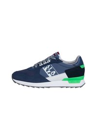 Sneaker blu navy con pannelli in rete e suede, dettagli bianchi e tallone verde. Presentano un design con lacci e una suola in gomma testurizzata.