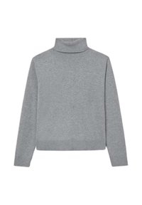 Maglione grigio a collo alto realizzato in tessuto a maglia, presenta maniche lunghe e orlo a coste. Design semplice e classico, senza ulteriori motivi o accenti.