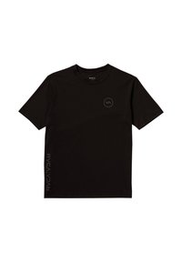 T-shirt nera a maniche corte realizzata in tessuto morbido. Presenta un logo circolare sul petto e "RVCA" stampato verticalmente sul lato.