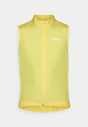 Sleeveless cycling vest in bright yellow, featuring a front zipper, high collar, and subtle logo. Smooth, lightweight material with a fitted design.