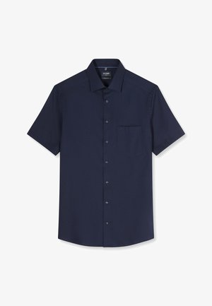 Chemise bleu marine à manches courtes avec boutons, col et une seule poche poitrine, présentée à plat sur fond blanc.