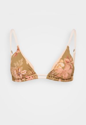 Cvečni trikotnik bikinija v olivno zeleni barvi z rožnatimi in kremnimi detajli, z teksturirano tkanino in tankimi nastavljivimi naramnicami.