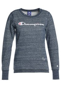 Felpa a maniche lunghe di colore blu scuro mélange con il logo "Champion" stampato sul petto e un piccolo logo sul polsino sinistro.