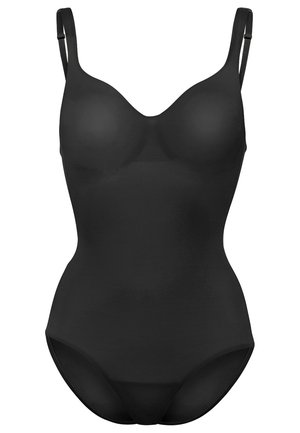 Zwart shapewear bodysuit met verstelbare banden, naadloos ontwerp en een soepele textuur, met een zacht gewatteerd borstgedeelte en een lage beenuitsnijding.