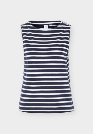 Αμάνικη μπλούζα σε ναυτικό μπλε και λευκό με οριζόντιες ρίγες και στρογγυλή λαιμόκοψη, κατασκευασμένη από μαλακό βαμβακερό ύφασμα, απεικονισμένη σε απλό φόντο.