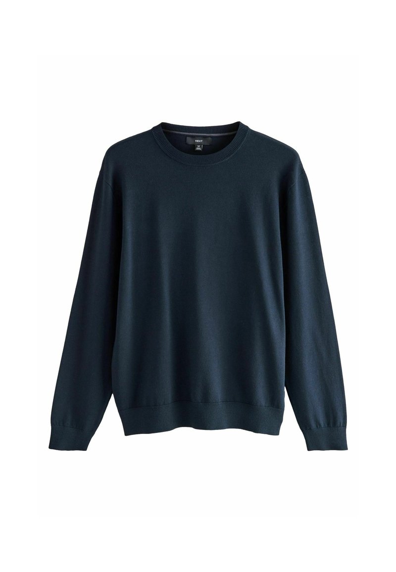 Dunkelblaues Crew-Neck Langarm-Sweatshirt mit gerippten Bündchen und Saum, mittlere Größe, einfarbiger Strickstoff.