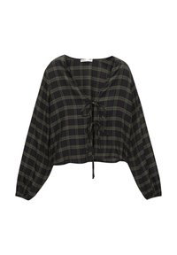 Camicia corta a quadri neri e verdi con maniche lunghe, scollo a V e chiusura anteriore con nodo. Tessuto morbido con una texture leggera.