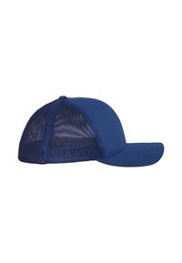 Caciulă de baseball bleu marin cu un panou frontal solid și spate din plasă. Vizor curbat și un nasture în vârf; dispune de un închizător tip snapback ajustabil.