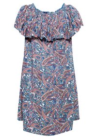 Robe à motifs floraux avec un col volanté, présentant des nuances de bleu, rouge et blanc. Fabriquée en tissu léger, conception ample.