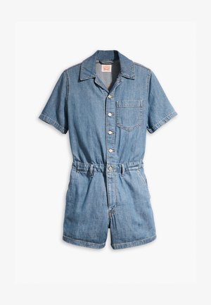 Denimowy kombinezon w jasnoniebieskim kolorze, z krótkimi rękawami, kołnierzykiem, guzikami z przodu oraz kieszenią na piersi, z elastycznym pasem.