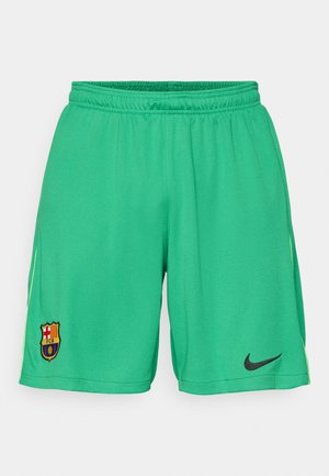 Vihreät jalkapalloshortsit, jotka on valmistettu teksturoidusta kankaasta. Niissä on musta Nike-logo ja Barcelonan seuramerkki vasemmassa jalassa.