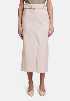 Gonna midi rosa chiaro con vita aderente, cintura con fibbia rotonda e spacco frontale. Realizzata in tessuto morbido, presenta un design su misura.