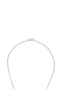 Collana delicata in oro rosa con catena a corda intrecciata e gancio a molla, isolata su sfondo bianco.