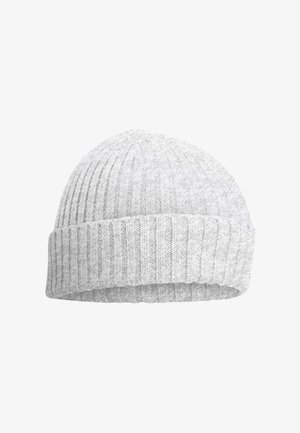 Light gray knitted beanie hat with a ribbed texture and turned-up cuff, featuring a soft and flexible material for comfort and fit.