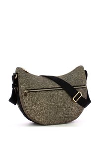 Shoulder bag with a textured beige and black pattern, featuring a zippered front pocket and a black adjustable strap. Gold hardware accents.