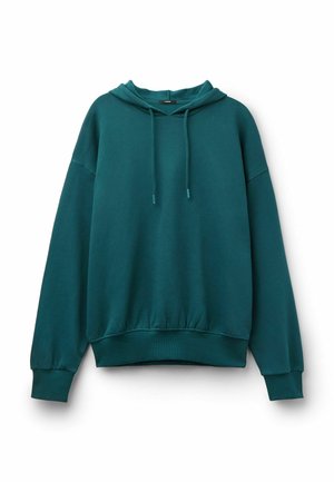 Teal katoenen hoodie met een voorzak, trekkoordkap, ribgebreide manchetten en zoom. Ontspannen pasvorm met een ontwerp met verlaagde schouders.