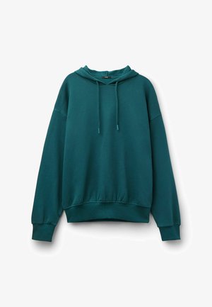 Teal katoenen hoodie met een voorzak, trekkoordkap, ribgebreide manchetten en zoom. Ontspannen pasvorm met een ontwerp met verlaagde schouders.