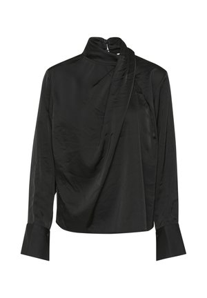 Svart långärmad blus i slät tyg, med hög krage och draperad framdesign samt knäppningar vid ärmsluten.