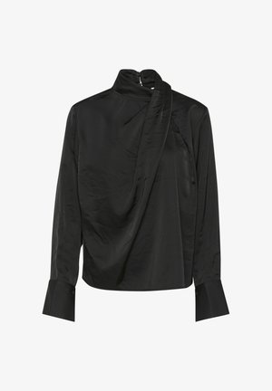 Melna garām piedurknēm blūze, izgatavota no gludas auduma, ar augstu apkakli un piekārtu priekšpusi, ar pogājamām aprocēm.