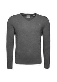 Maglione grigio a maniche lunghe con scollatura a V, realizzato in materiale morbido. Presenta un piccolo logo ricamato sulla parte sinistra del petto.