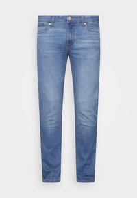 Slim-fit ljusblå denimjeans med framknapp och dragkedjestängning, fram- och bakfickor, visade mot en vit bakgrund.