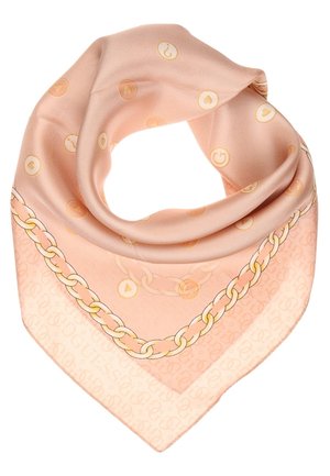 Kwadratowa, jedwabna apaszka w kolorze brzoskwiniowym z obramowaniem z złotego łańcucha oraz rozproszonymi motywami złotych monet i serc.