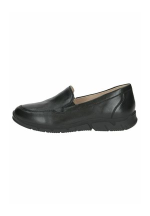 Scarpe slip-on in pelle nera con punta arrotondata, colletto imbottito e suola in gomma. Presentano una cucitura discreta e una texture liscia.