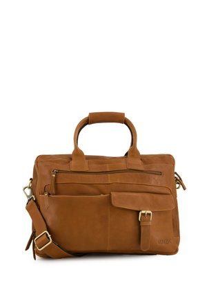Brown leather bag with dual top handles, adjustable shoulder strap, front flap pocket, and zipper compartments. Smooth texture, minimalist design.