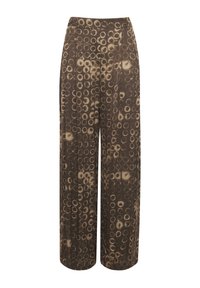 Pantaloni a gamba larga in tessuto marrone scuro con un motivo circolare in diverse tonalità di beige. Include pences e una vita.