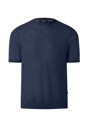Maglione in maglia blu navy a maniche corte con scollo a giro e polsini e orlo a coste, marca Maerz.