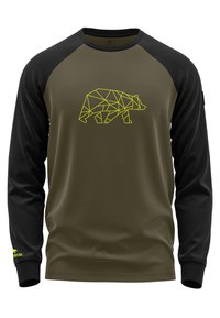 Camicia a maniche lunghe di colore verde oliva e nero con un design geometrico di un orso giallo centrato sul petto e logo sul polsino.