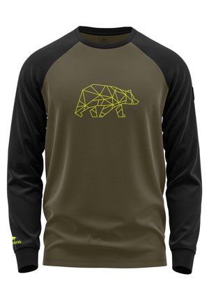 Camicia a maniche lunghe di colore verde oliva e nero con un design geometrico di un orso giallo centrato sul petto e logo sul polsino.