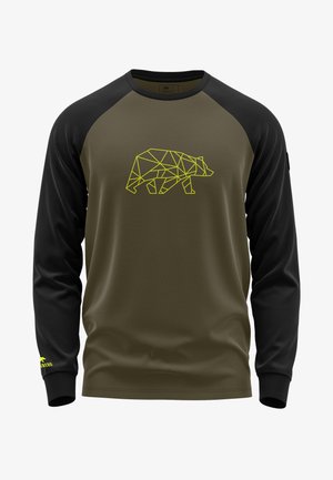 Long-sleeve olive green and black shirt with a yellow geometric bear design centered on the chest and logo on the wrist cuff.