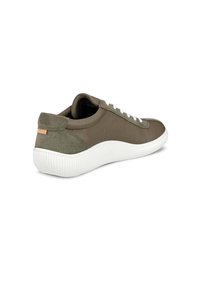 Olive green leather sneaker with a white rubber sole, front lace-up, and suede accents at the heel. Features a textured surface and simple design.