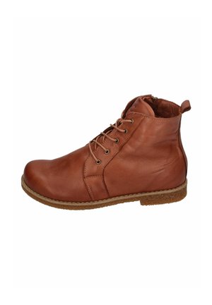Brown leather ankle boots with lace-up design, rounded toe, textured surface, and contrasting tan rubber sole. Zipper detail at the back.