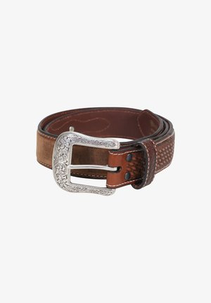 Brown leather belt with a woven texture and a silver-tone decorative buckle featuring floral engravings. Stitching detail along the edges.