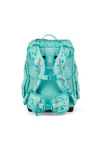 Zaino turchese con motivi a cuore, spallacci imbottiti, fibbie regolabili e due tasche laterali. Design del supporto posteriore in 3D incluso.