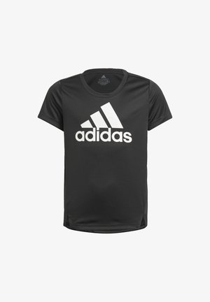 Czarny t-shirt z krótkim rękawem wykonany z materiału syntetycznego, z dużym białym logo Adidas z przodu oraz detalami wentylacyjnymi po bokach.