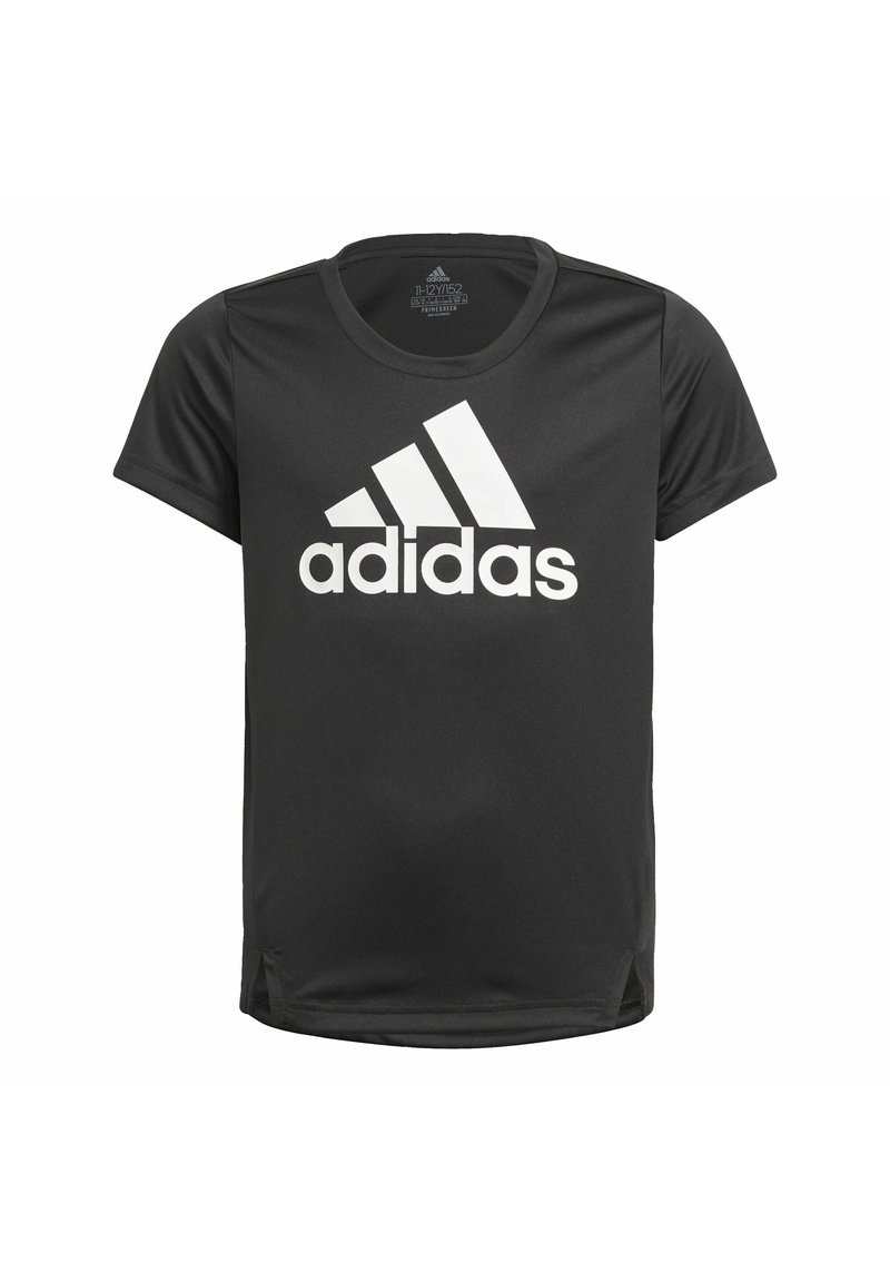 Camiseta negra de manga corta hecha de material sintético, con un gran logo blanco de Adidas en el frontal y detalles de ventilación en los lados.