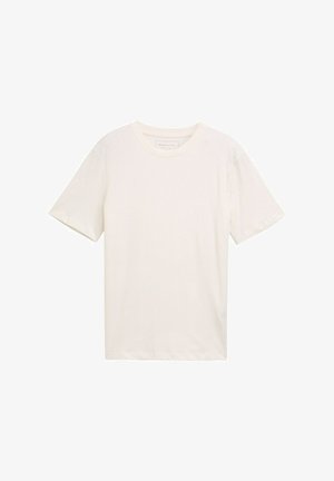 Camiseta de manga corta y cuello redondo en algodón blanco roto. Presenta un corte relajado con una textura suave y sin patrones o acentos notables.