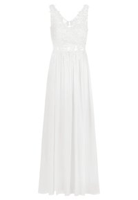 Lange witte jurk met een bloemen kant bodice, V-halslijn en een vloeiende rok met gathered taille. Elegante, lichte stof en details.