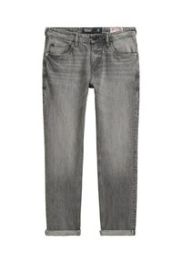 Szare dżinsy o lekko wyblakłym wykończeniu, klasyczny pięciokieszeniowy design, zapięcie na guzik i zawinięte mankiety u dołu.