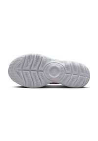 Semelle de basket en caoutchouc blanc avec motif texturé. Présente un logo circulaire au centre, conçu pour l'adhérence et la durabilité.