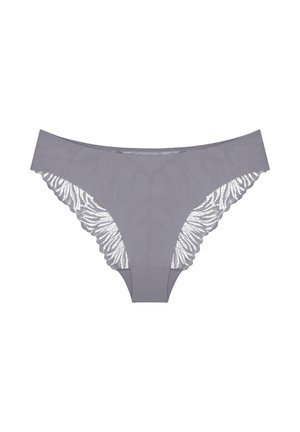 Szare figi z gładkim przodem i misternymi koronkowymi bokami z liściastym wzorem. Miękki, elastyczny materiał na całej powierzchni.