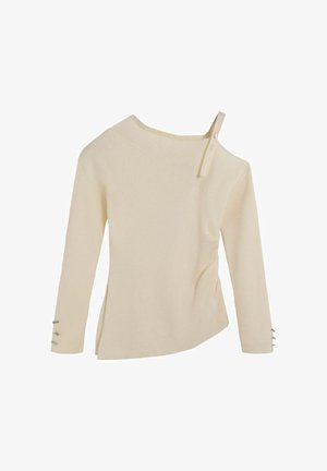 Top de punto acanalado color crema con escote asimétrico y una sola tira en el hombro. Presenta aberturas laterales y tres botones decorativos en los puños.